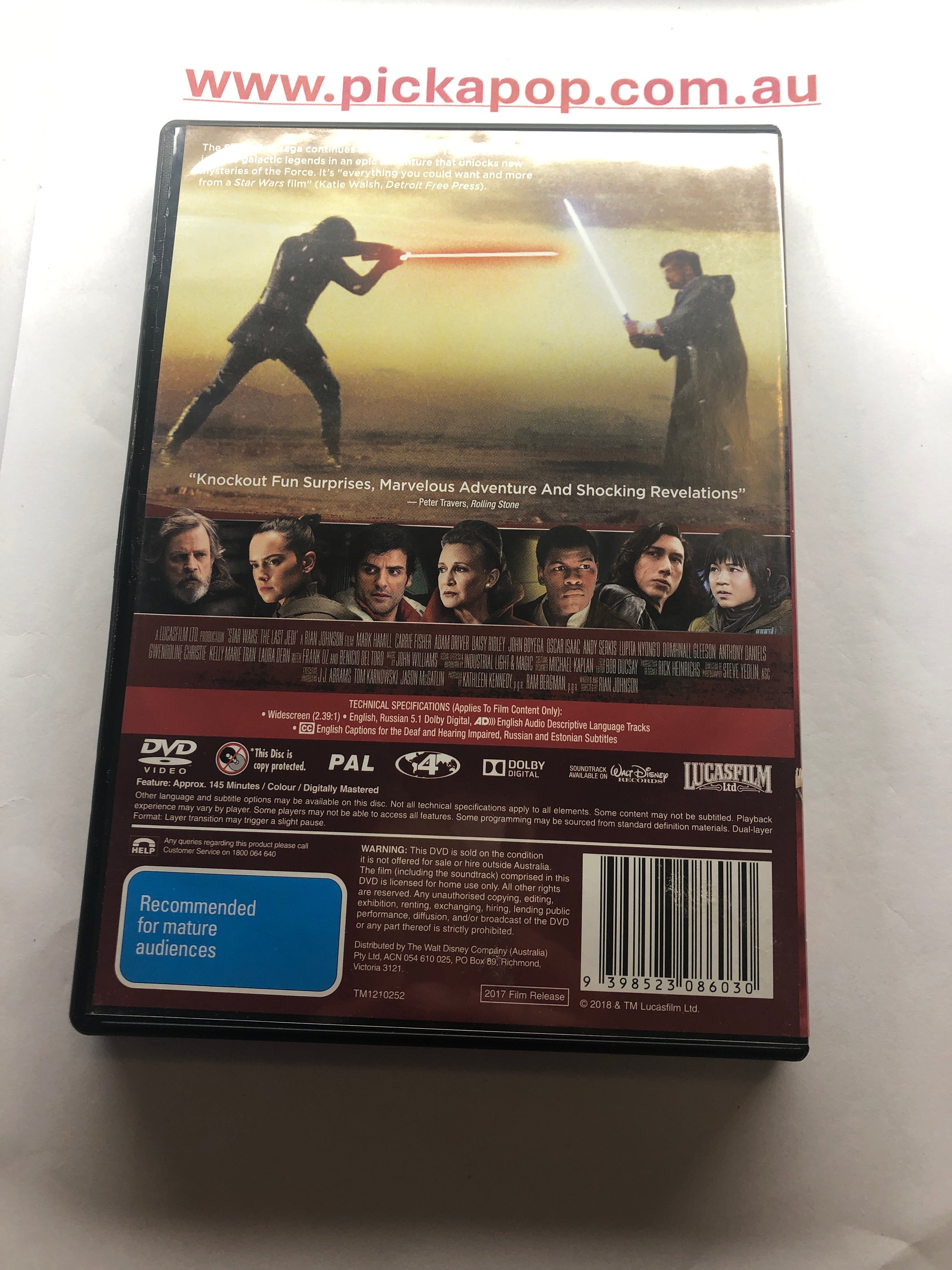 STAR WARS THE LAST JEDI - (PAL Region 4) DVD Cleaned and Tested