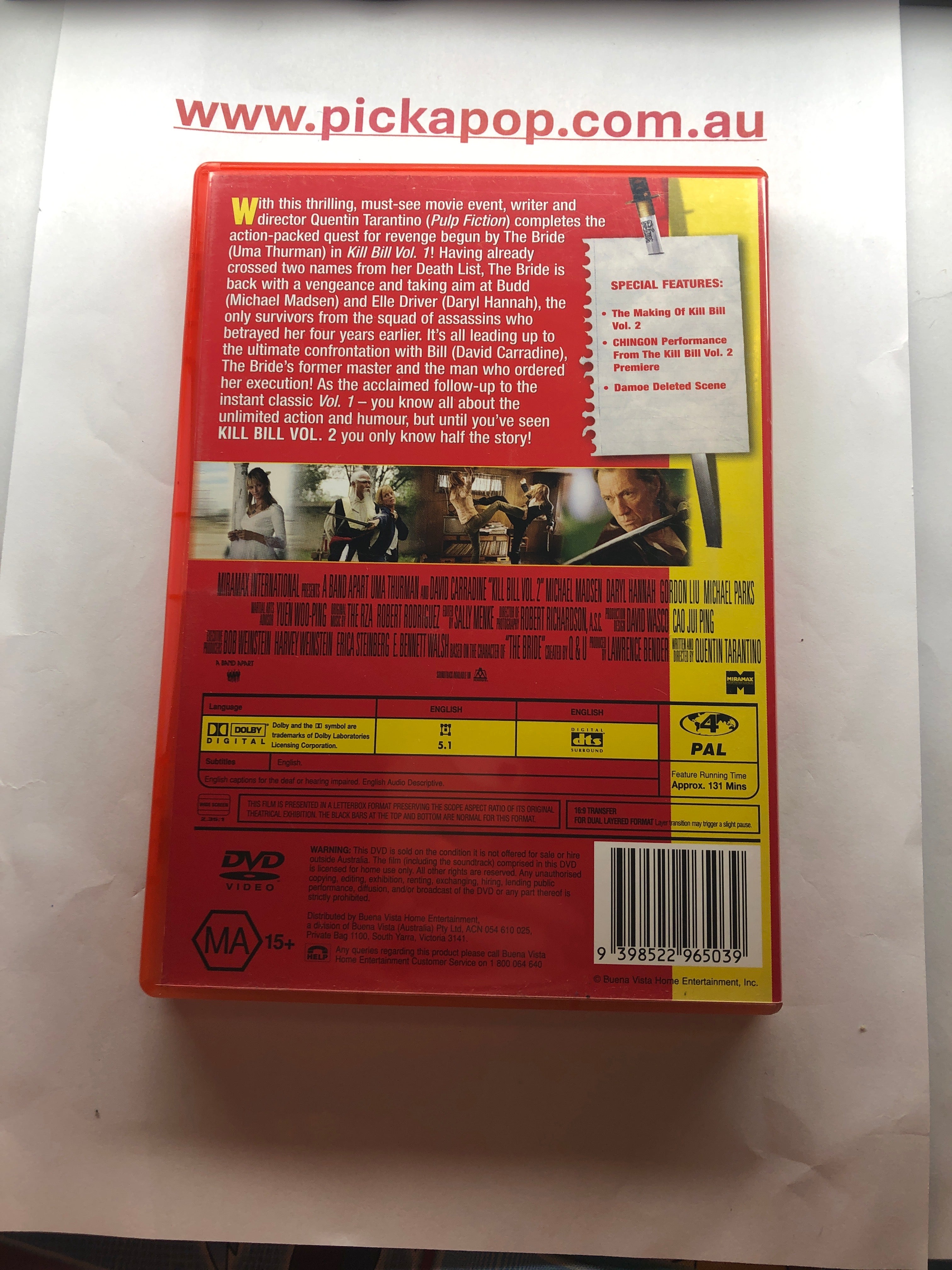 KILL BILL VOLUME 2 - (PAL Region 4) DVD Cleaned and Tested