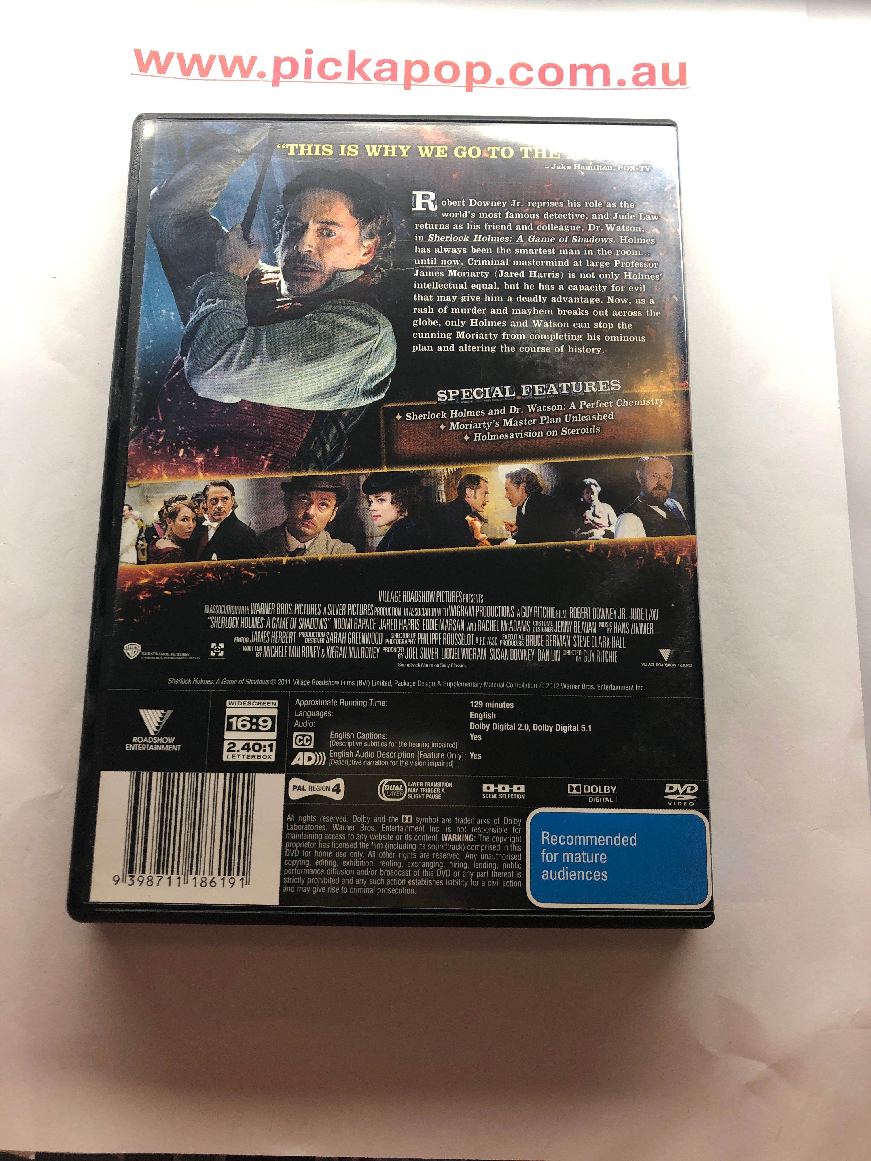 SHERLOCK HOLMES A GAME OF SHADOWS - (PAL Region 4) DVD Cleaned and Tested