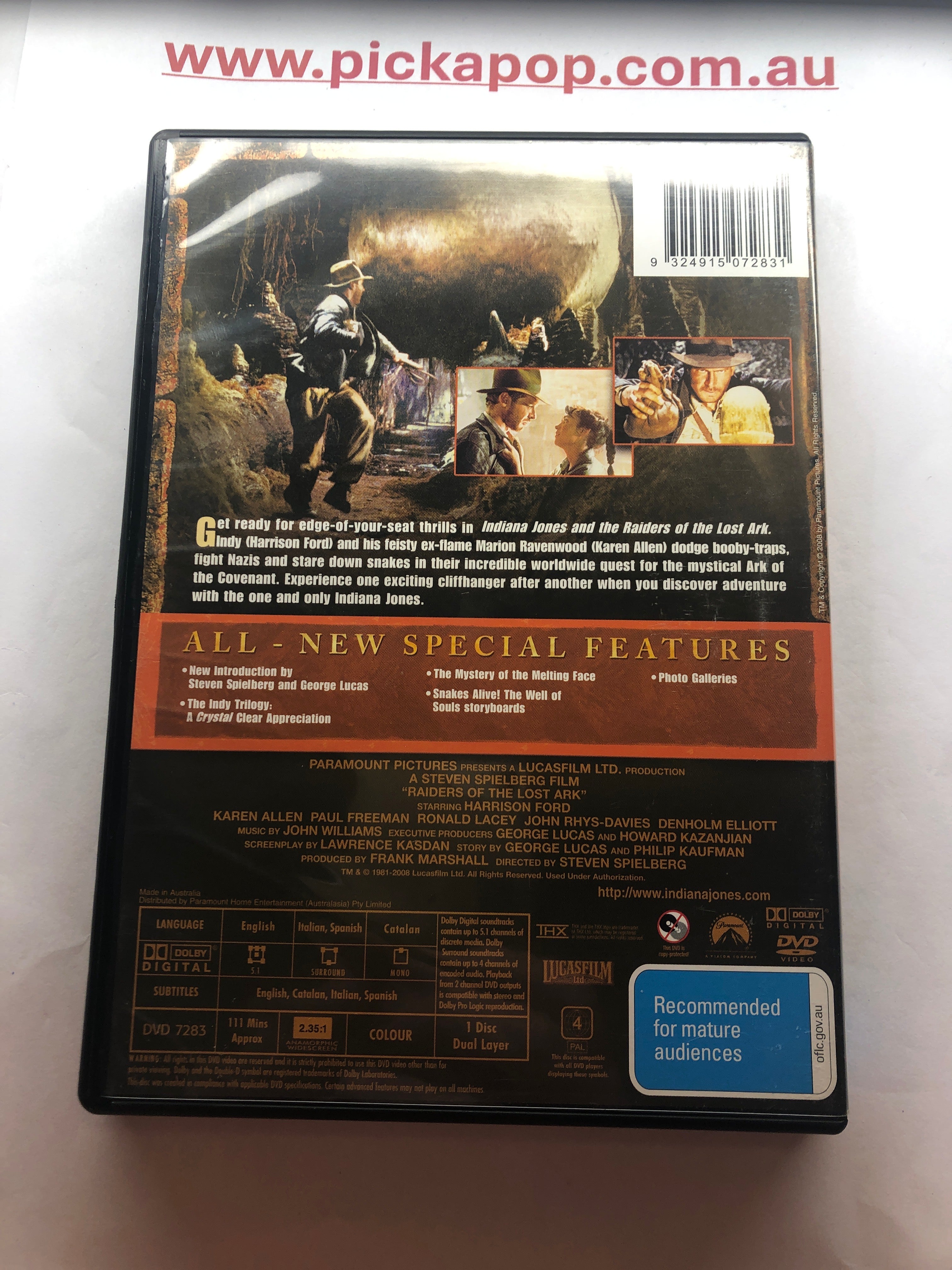 INDIANA JONES AND THE RAIDERS OF THE LOST ARK - (PAL Region 4) DVD Cleaned and Tested
