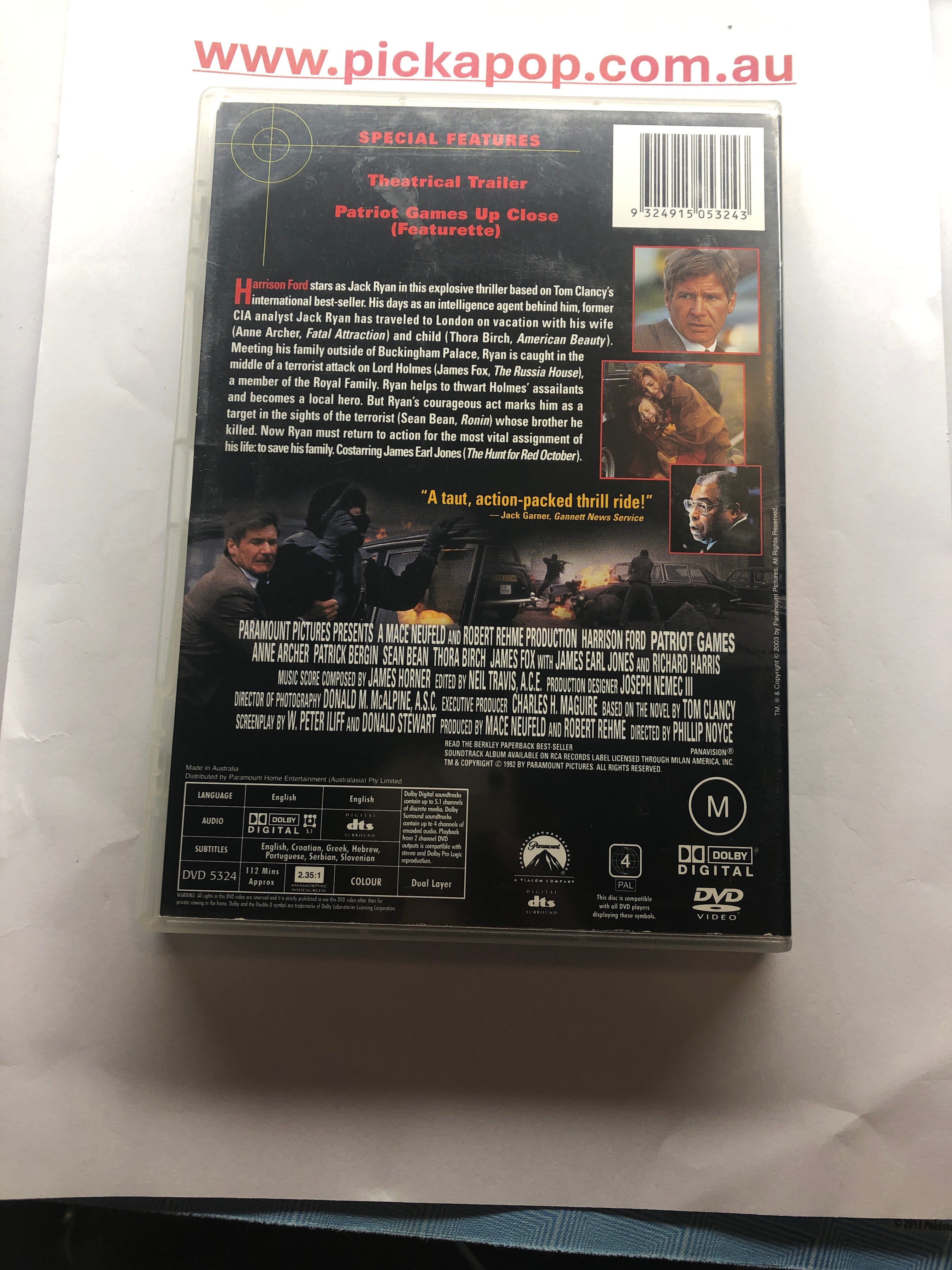 PATRIOT GAMES - (PAL Region 4) DVD Cleaned and Tested