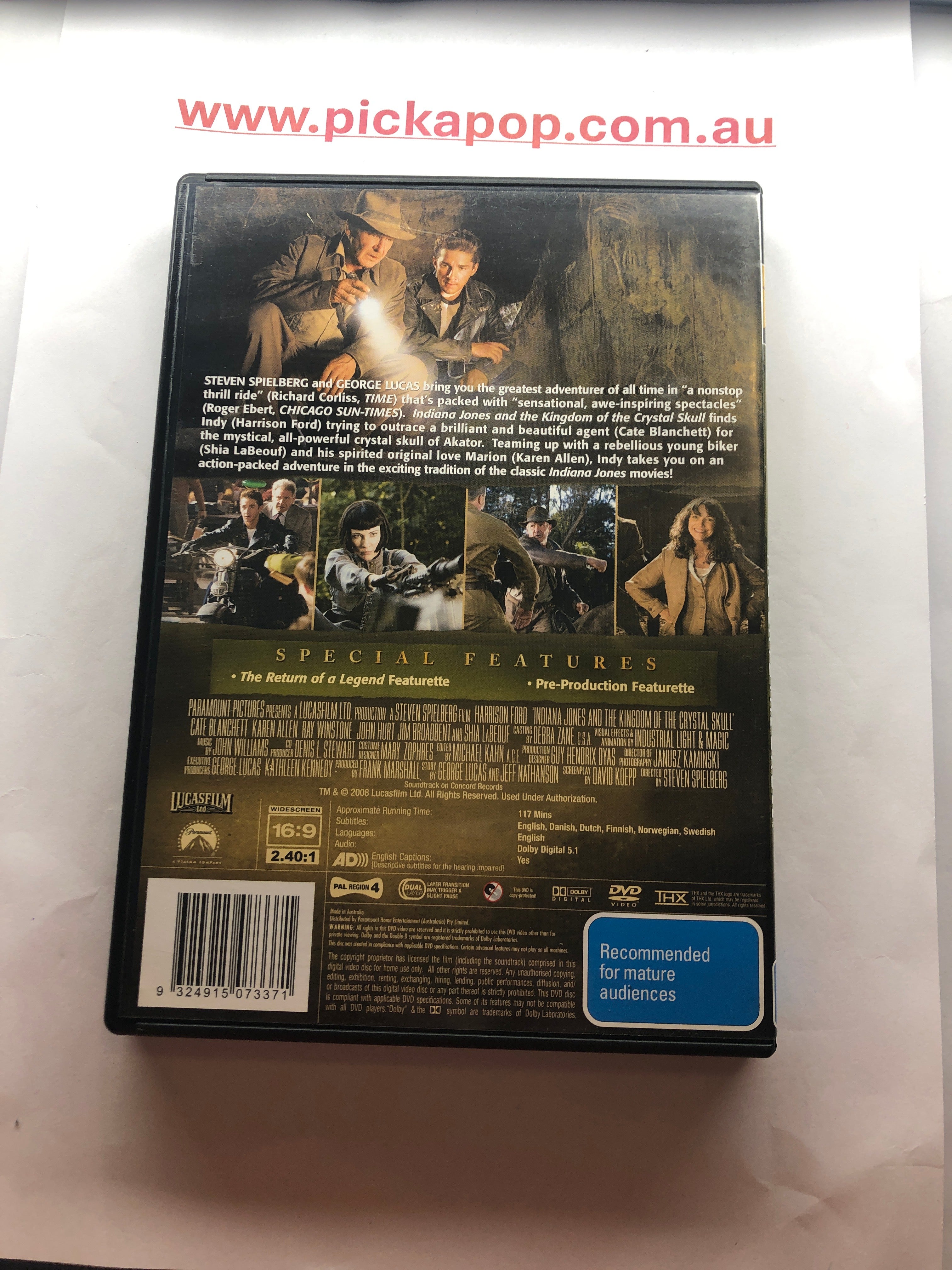 INDIANA JONES AND THE KINGDOM OF THE CRYSTAL SKULL- (PAL Region 4) DVD Cleaned and Tested