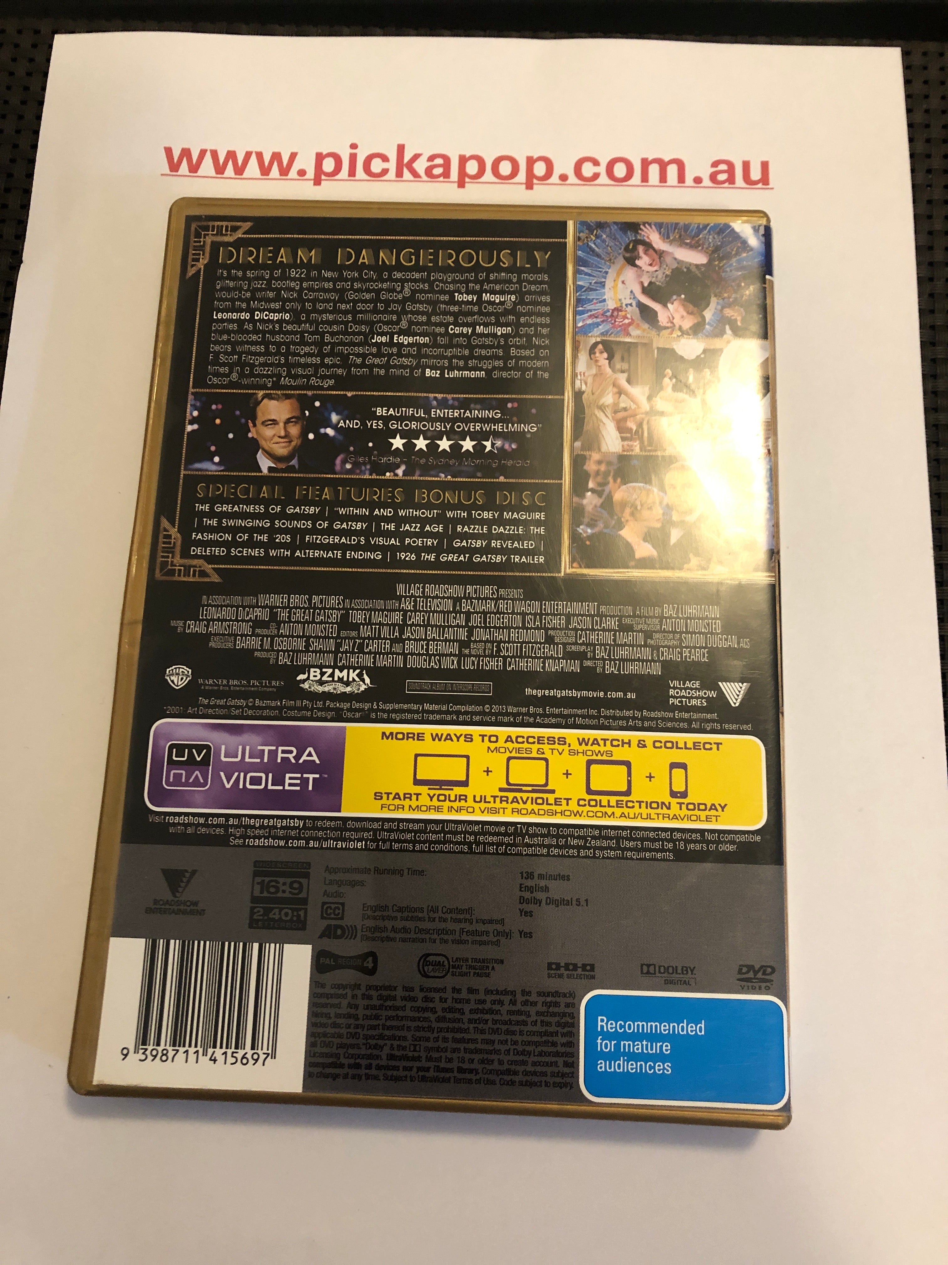 THE GREAT GATSBY  - (PAL Region 4) DVD & ULTRAVIOLET Cleaned and Tested