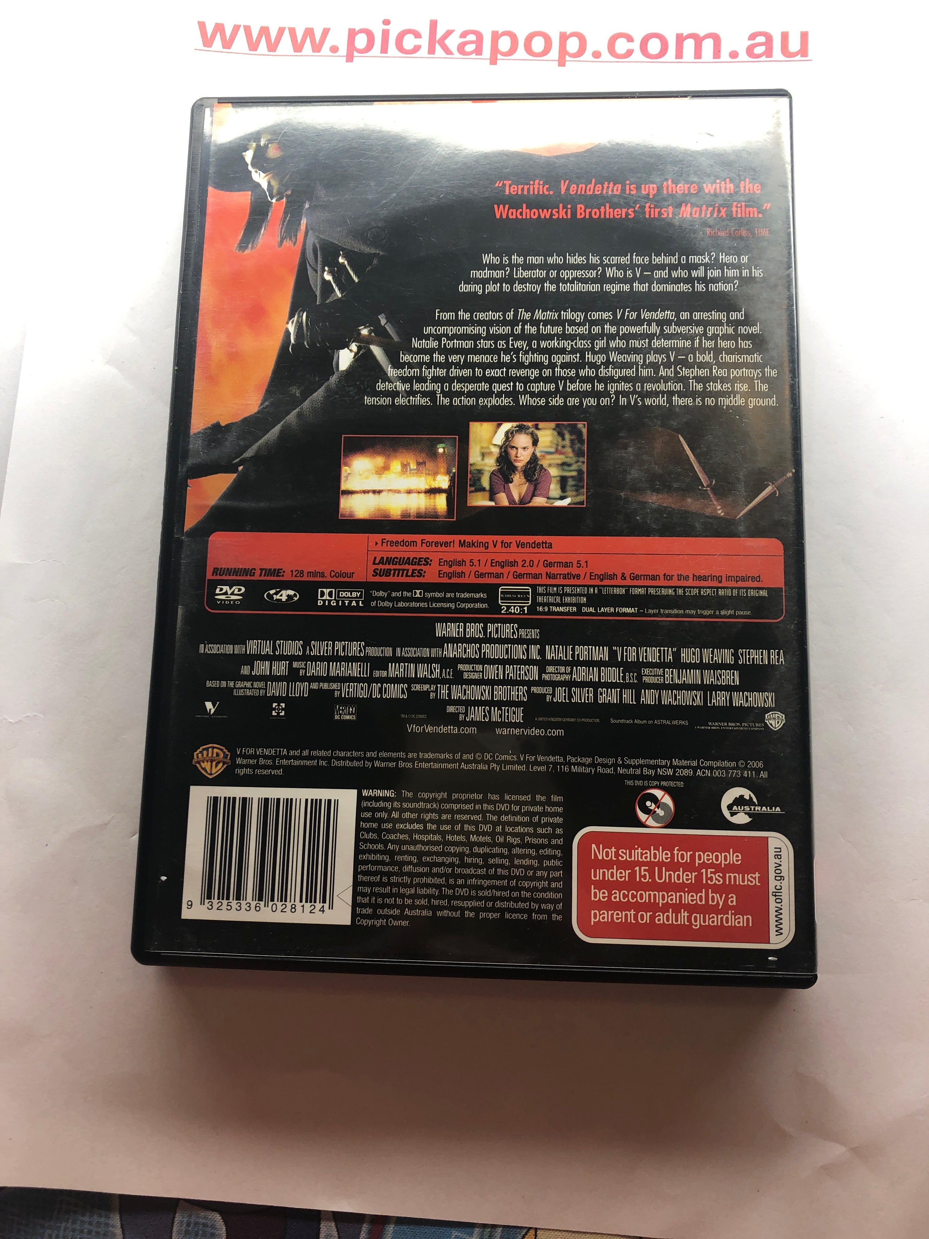 V FOR VENDETTTA - (PAL Region 4) DVD Cleaned and Tested