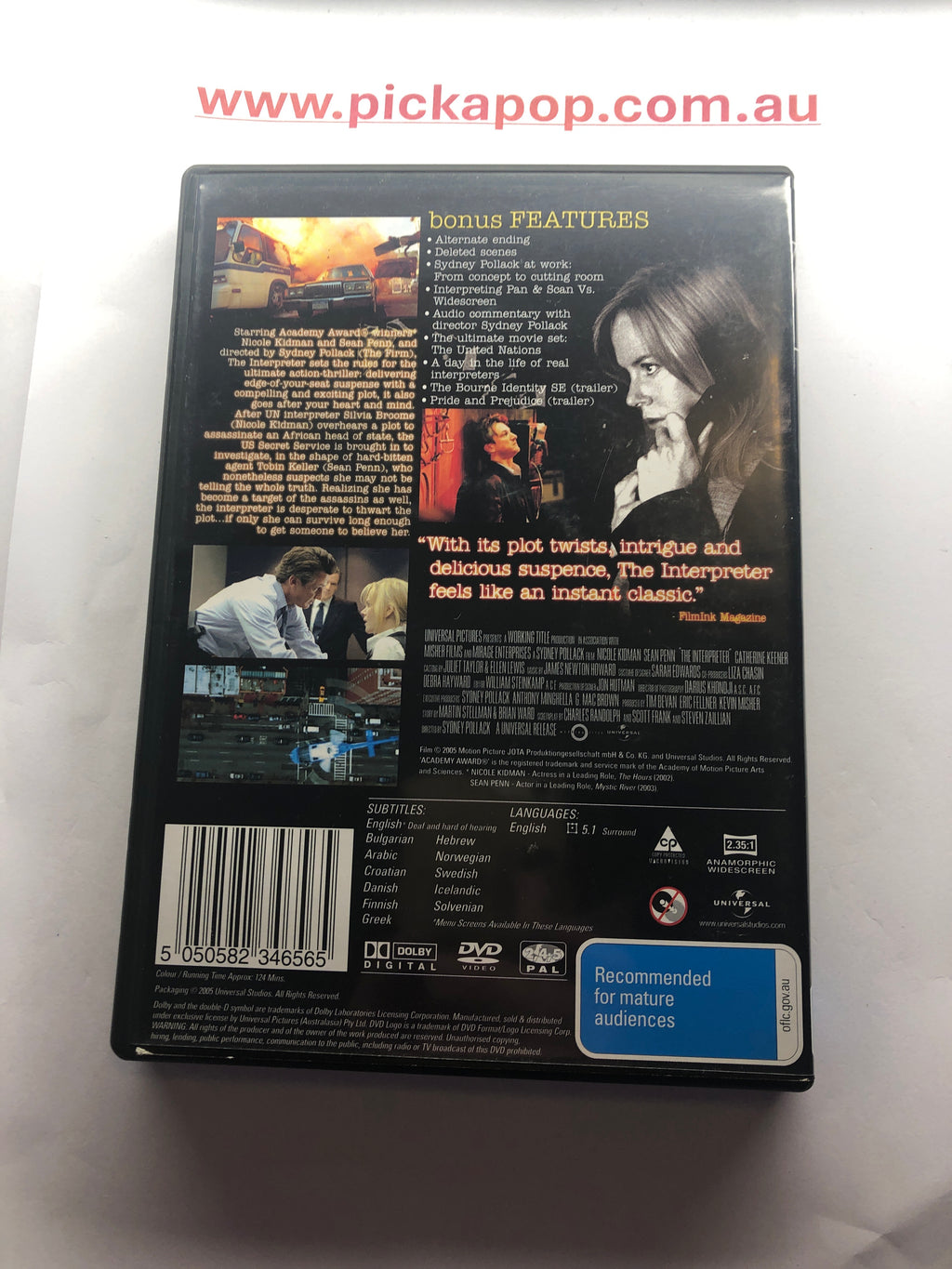 THE INTERPRETER - (PAL Region 4) DVD Cleaned and Tested