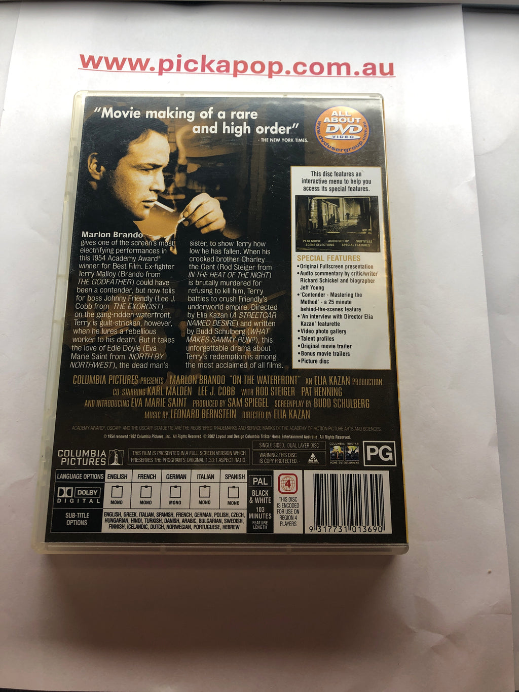 ON THE WATERFRONT - (PAL Region 4) DVD Cleaned and Tested