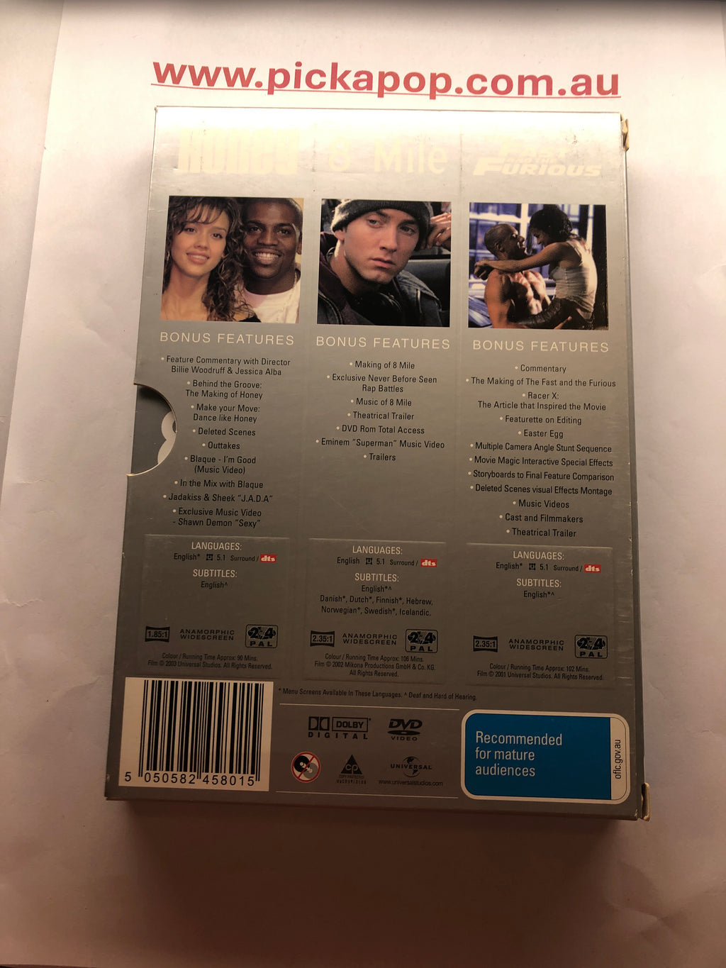 3 DVD COLLECTION HONEY,8 MILE,THE FAST AND FURIOUS- (PAL Region 4) DVD Cleaned and Tested