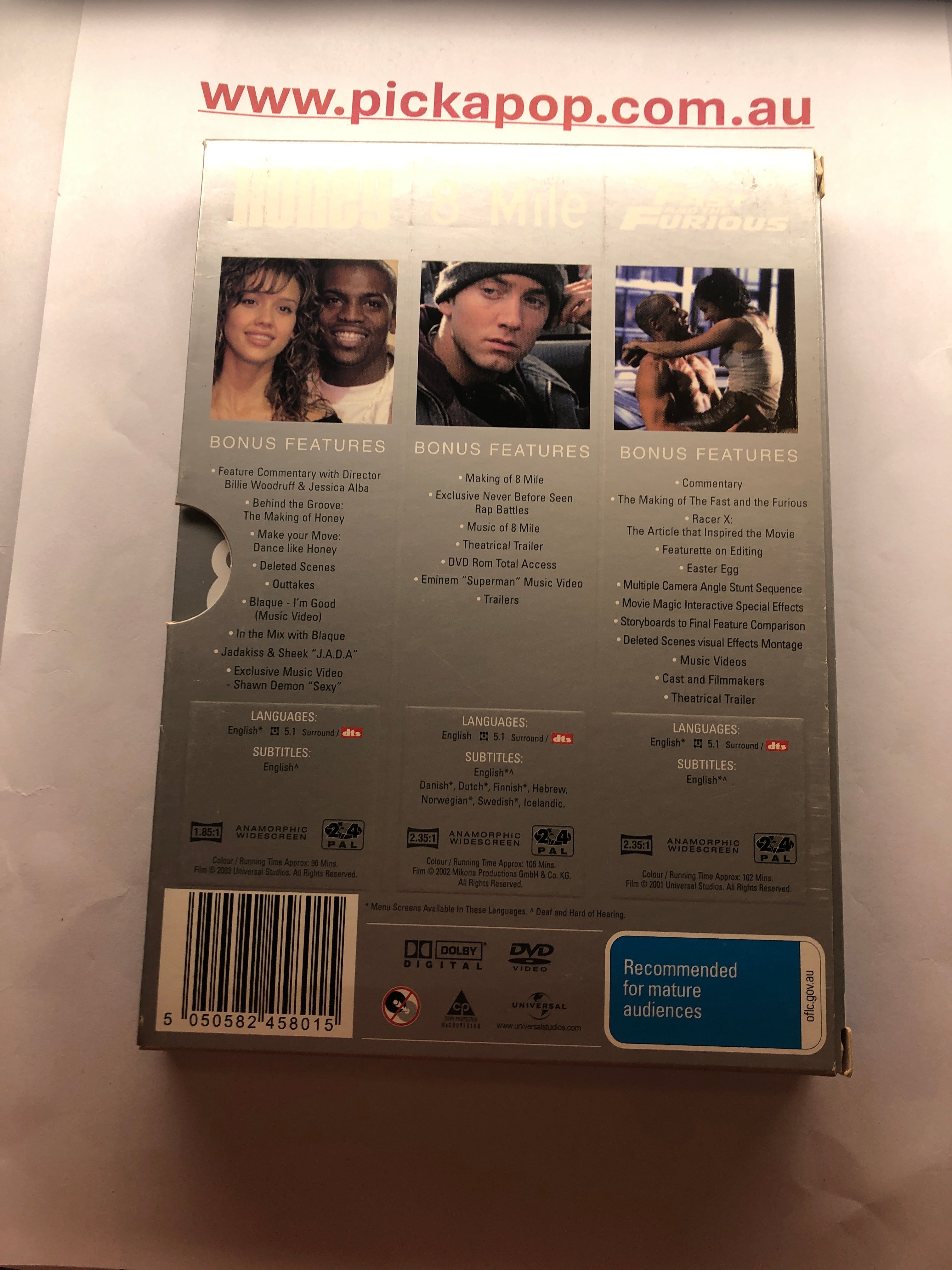 3 DVD COLLECTION HONEY,8 MILE,THE FAST AND FURIOUS- (PAL Region 4) DVD Cleaned and Tested