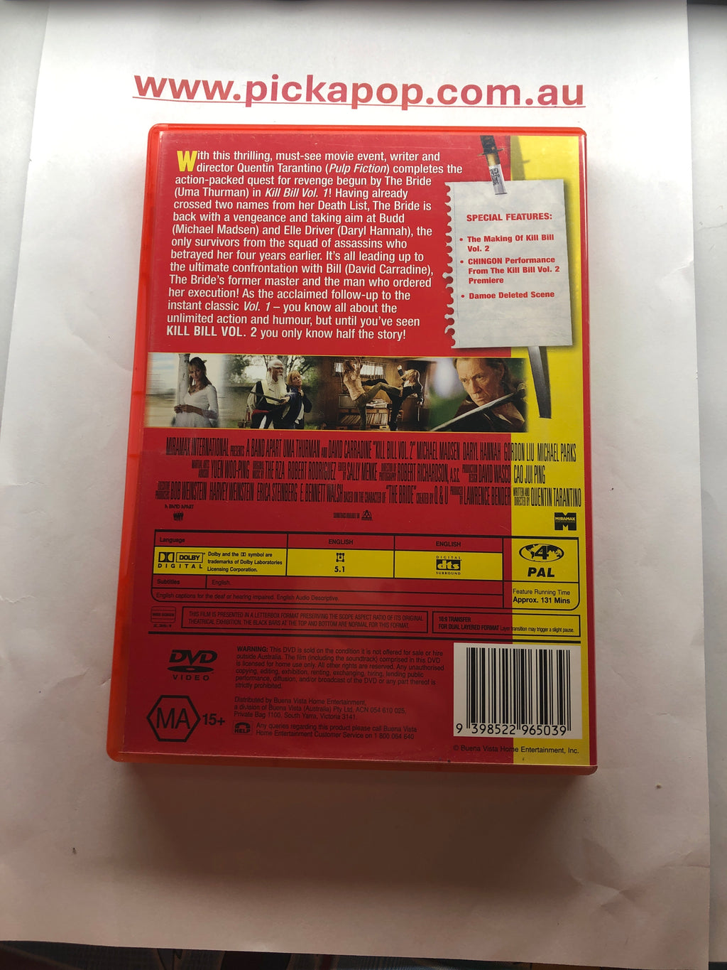 KILL BILL VOLUME 2 - (PAL Region 4) DVD Cleaned and Tested