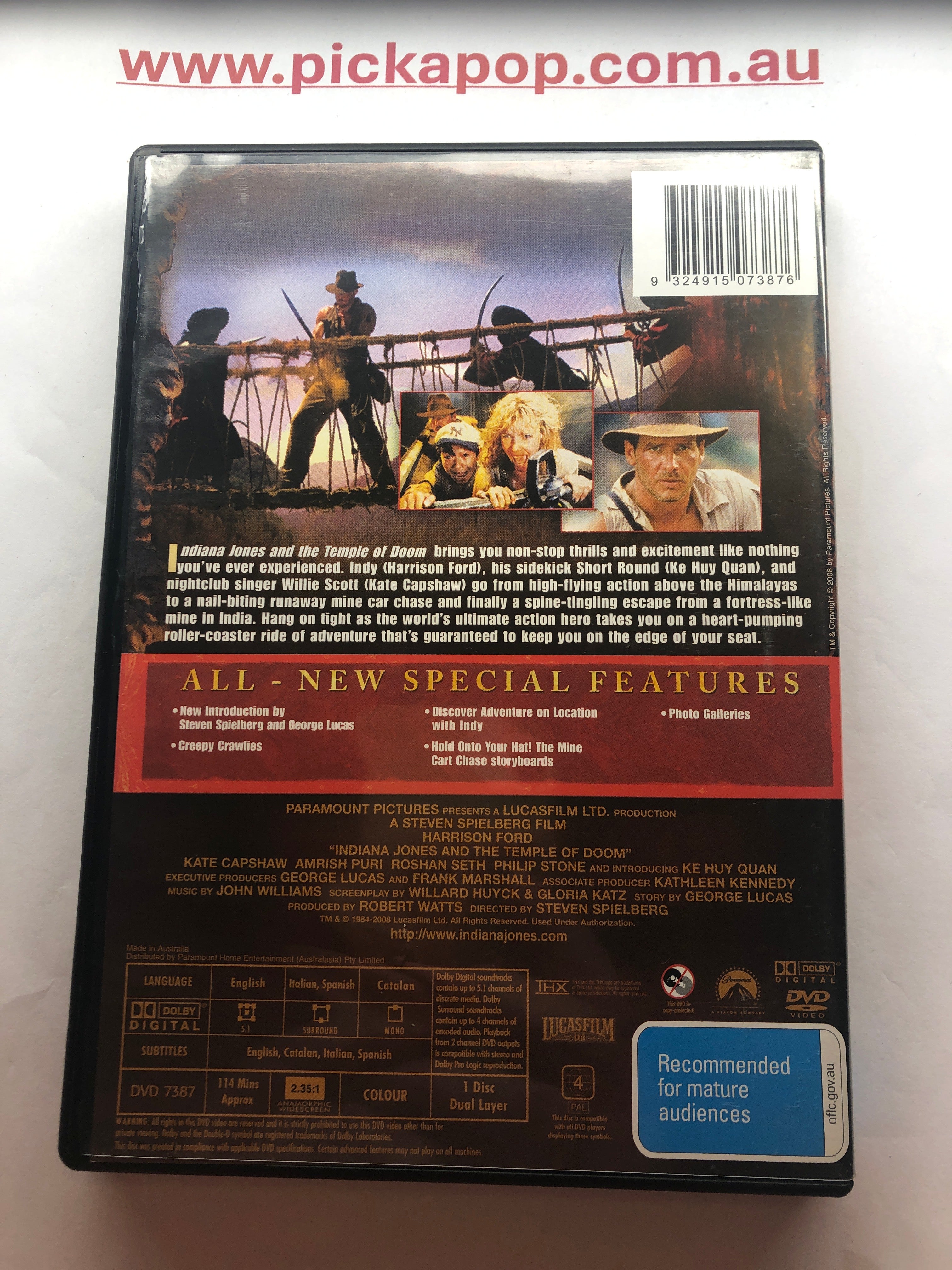 INDIANA JONES AND THE TEMPLE OF DOOM - (PAL Region 4) DVD Cleaned and Tested