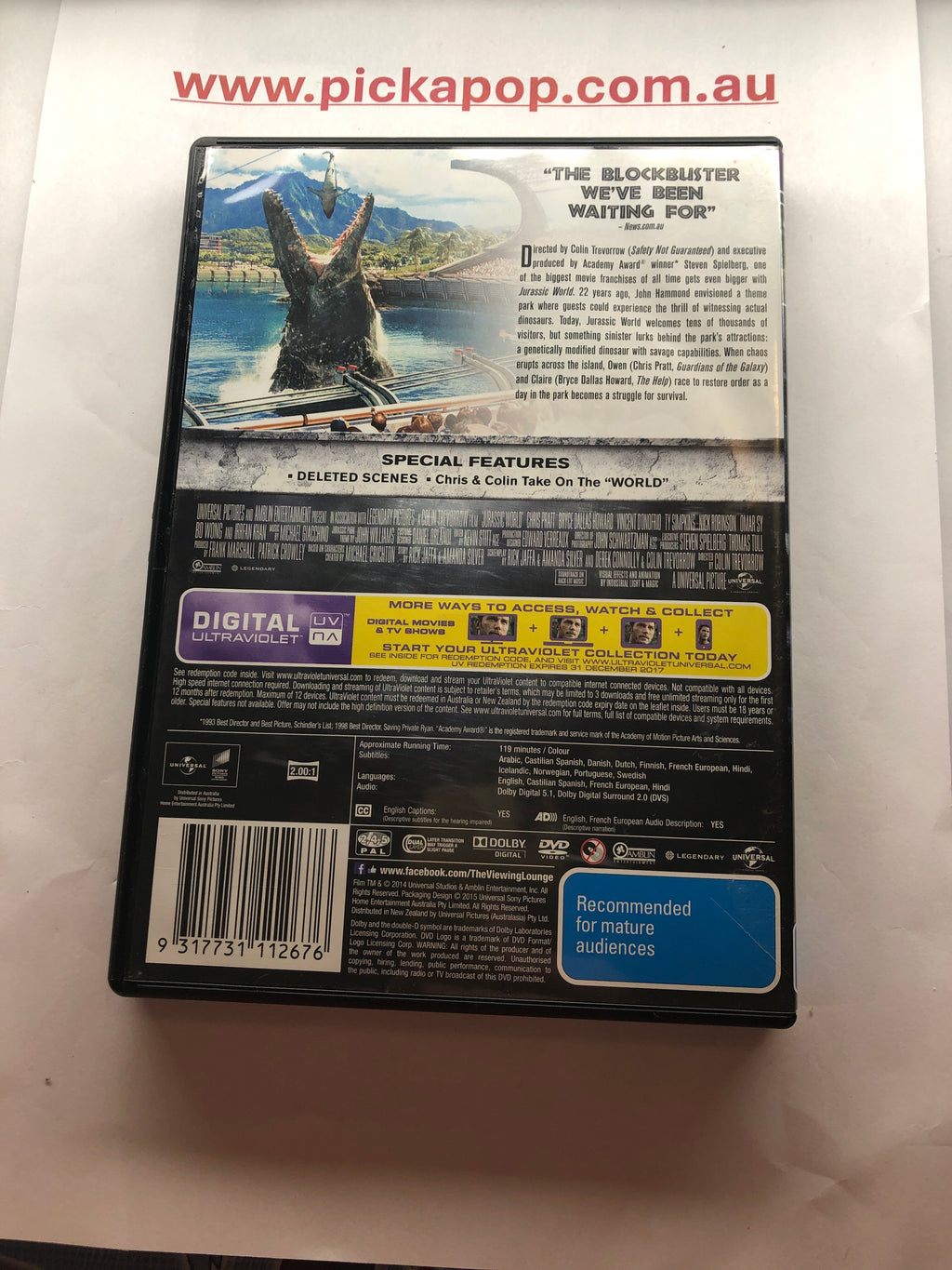 JURASSIC WORLD DVD & DIGITAL ULTRAVIOLET - (PAL Region 4) DVD Cleaned and Tested