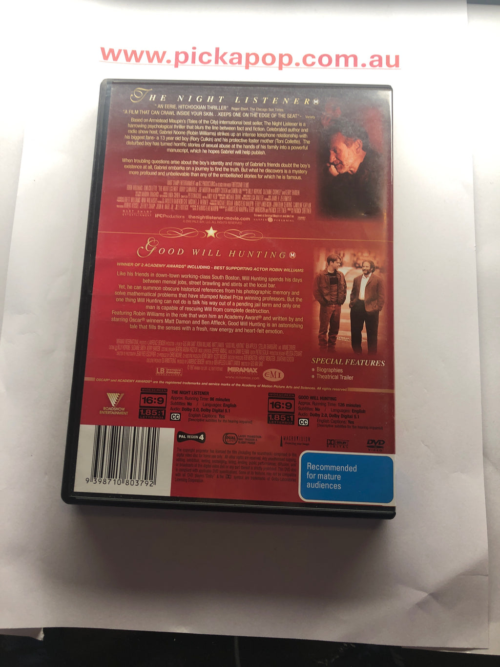 GOOD WILL HUNTING & THE NIGHT LISTENER - (PAL Region 4 ) DVD Cleaned and Tested