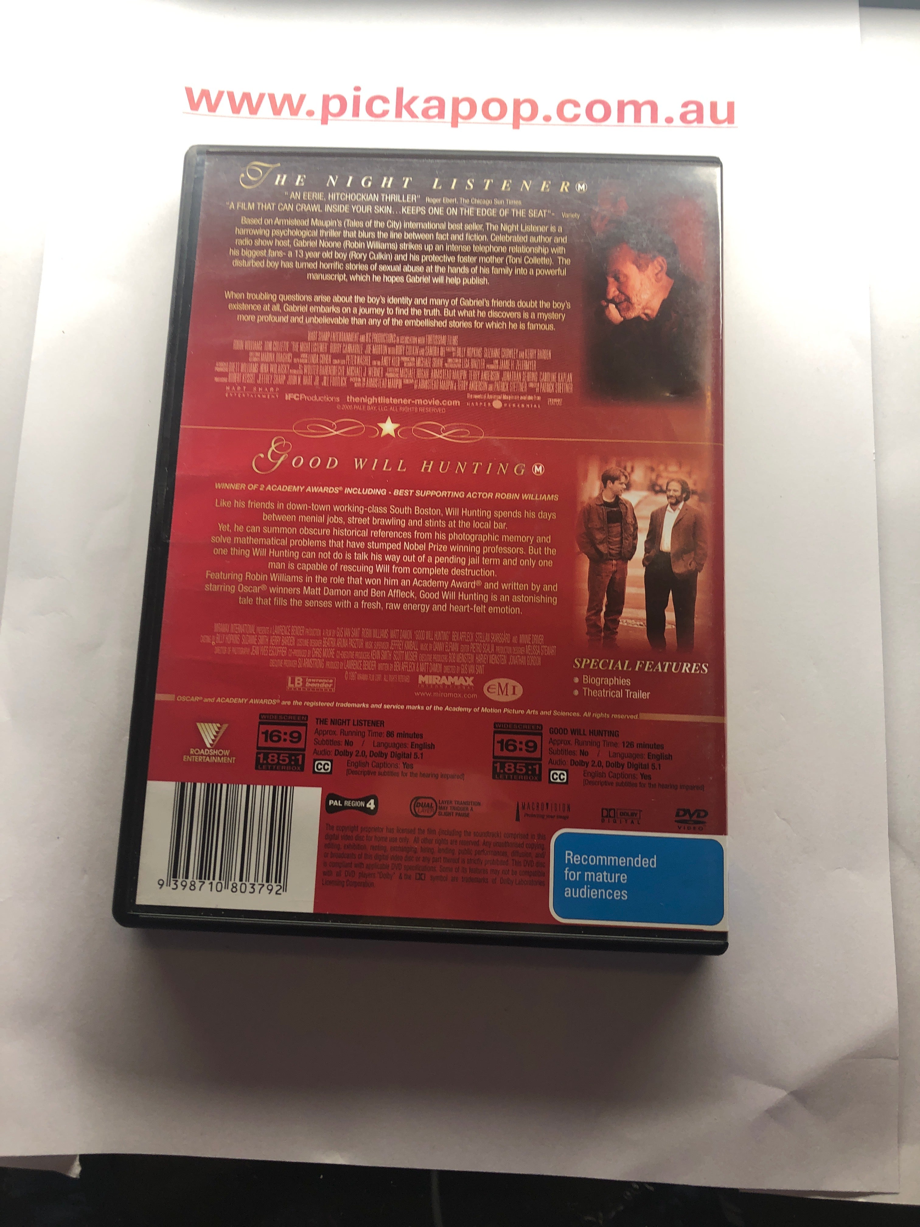 GOOD WILL HUNTING & THE NIGHT LISTENER - (PAL Region 4 ) DVD Cleaned and Tested