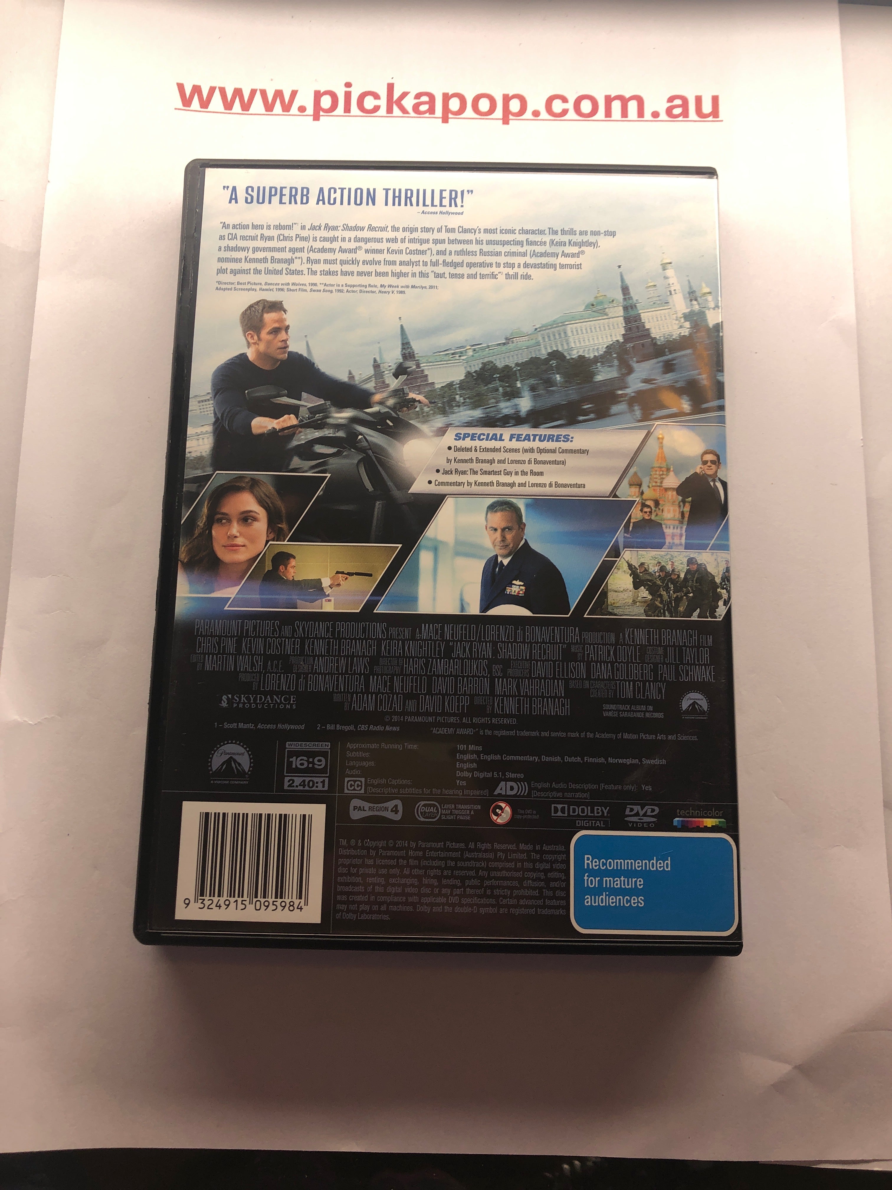 JACK RYAN SHADOW RECRUIT - (PAL Region 4) DVD Cleaned and Tested