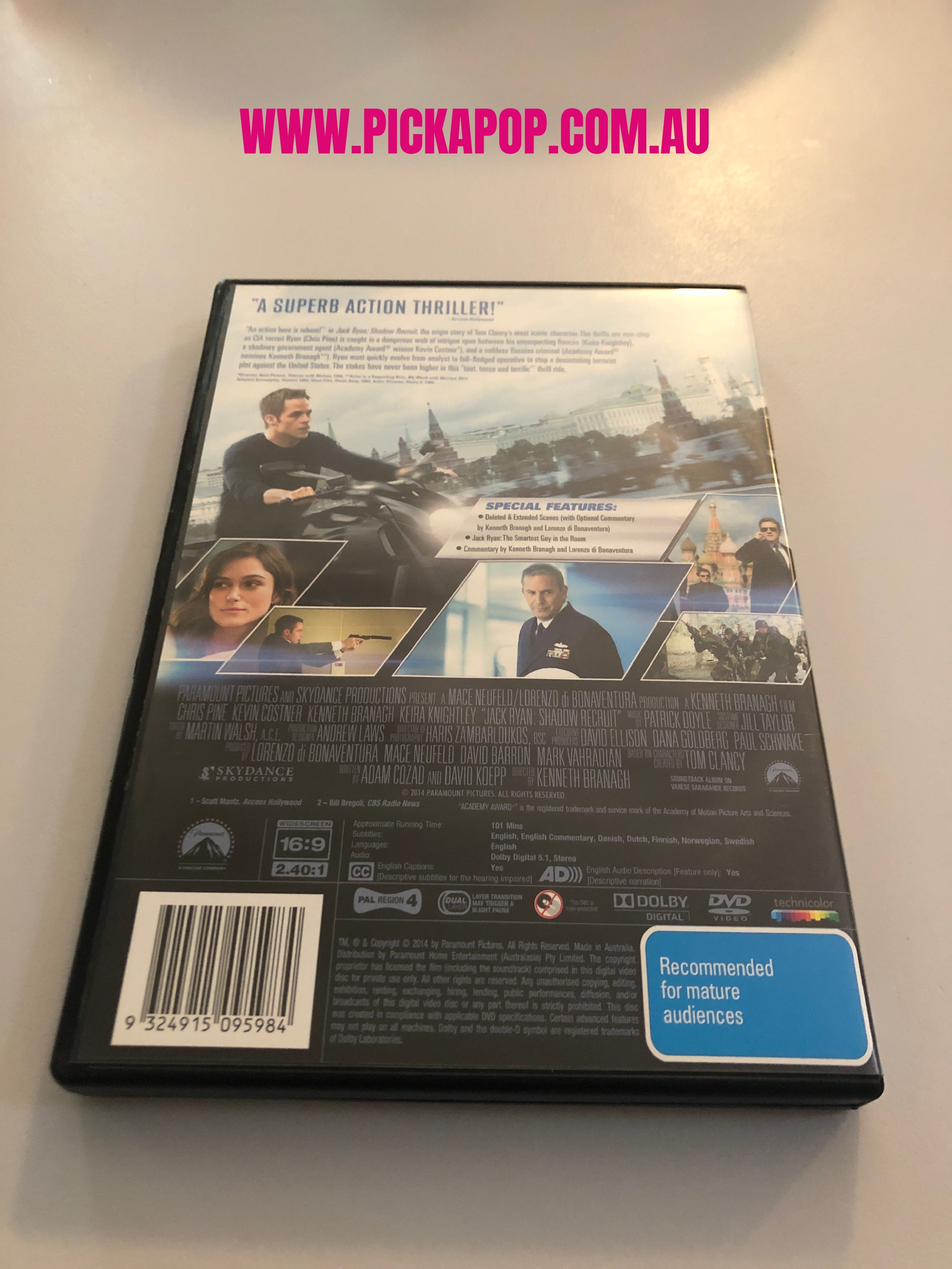 JACK RYAN SHADOW RECRUIT - (PAL Region 4) DVD Cleaned and Tested