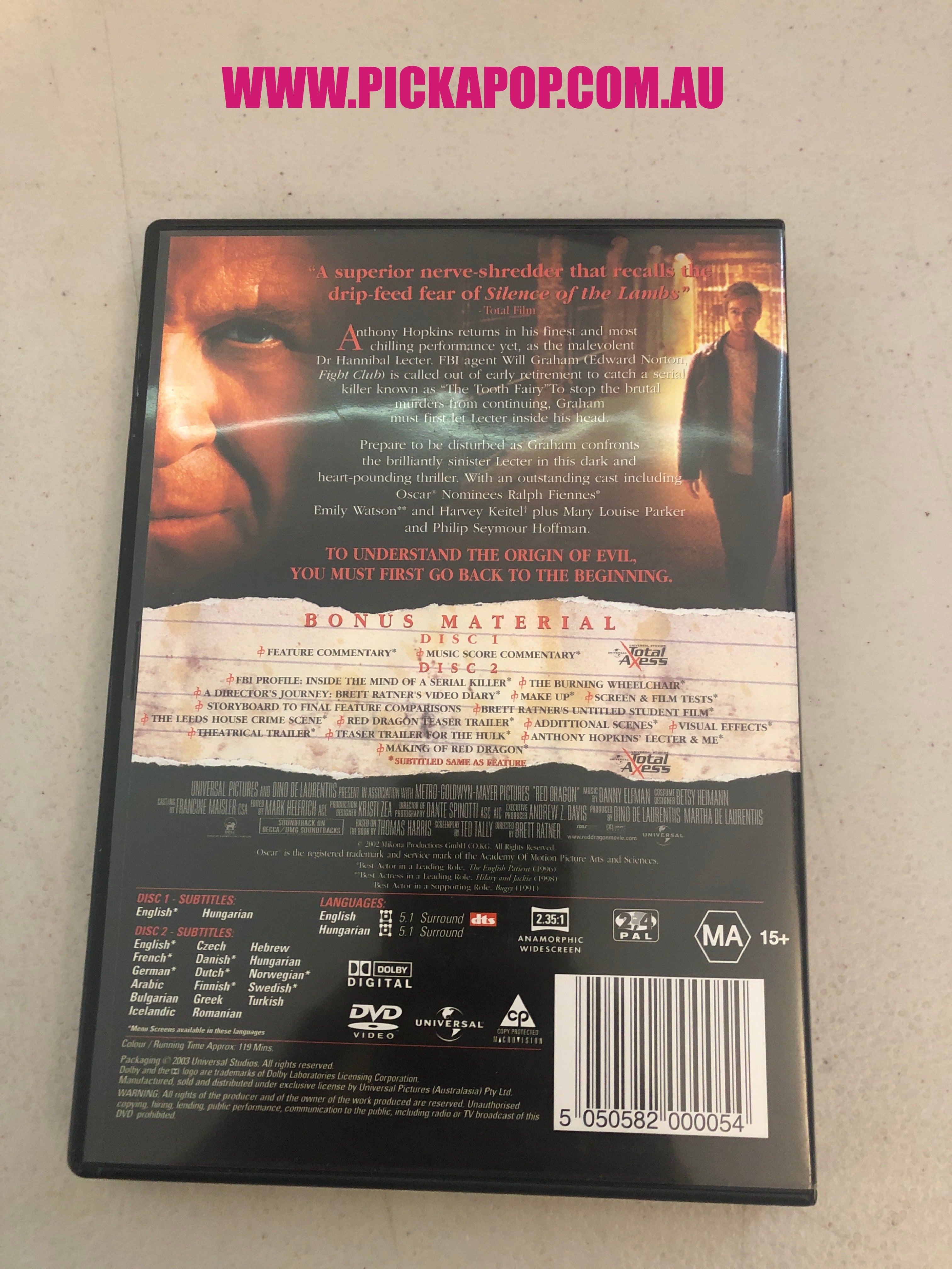 RED DRAGON 2 DISC EDITION - PAL Region 4 -DVD Cleaned and Tested