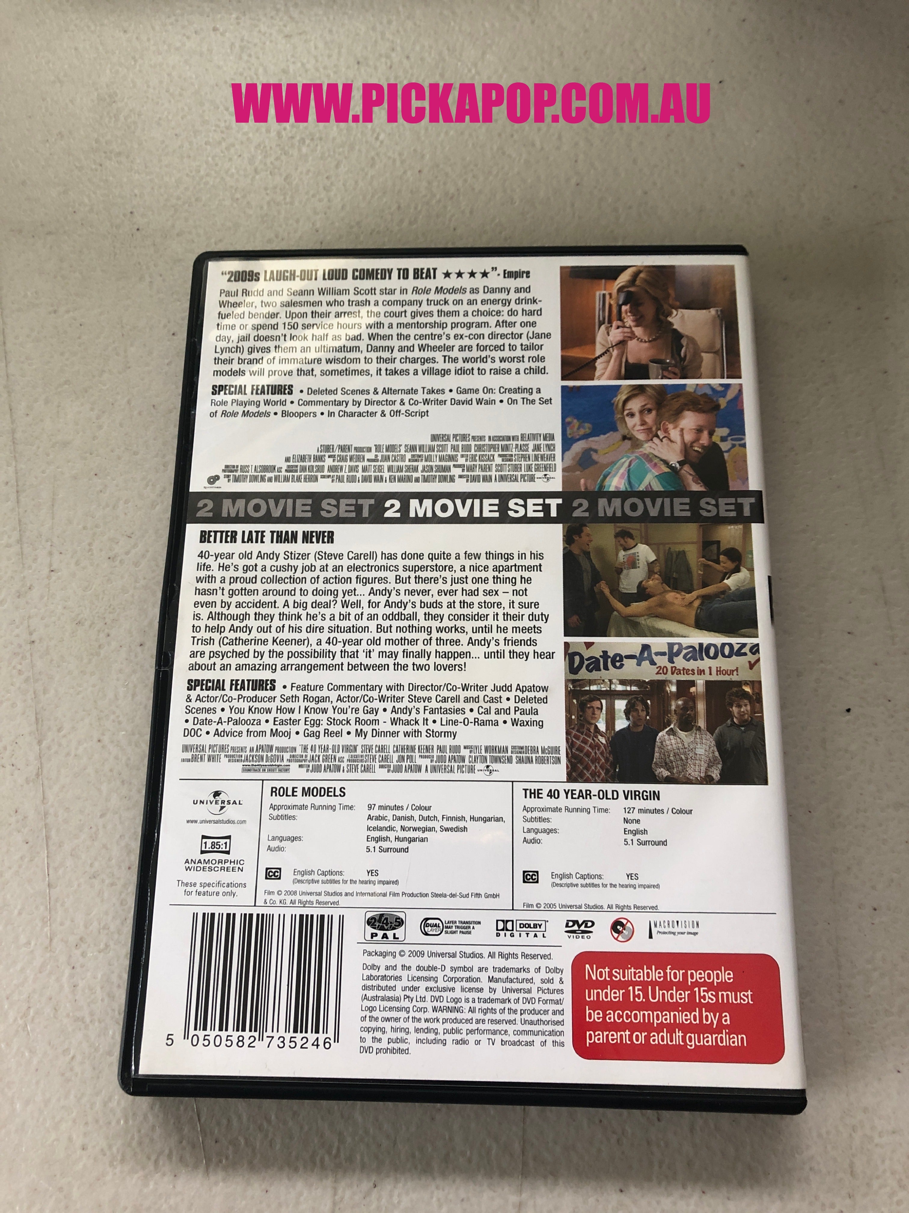 ROLE MODELS,THE 40 YEAR OLD VIRGIN (2 MOVIE SET) - PAL Region 4 - DVD Cleaned and Tested