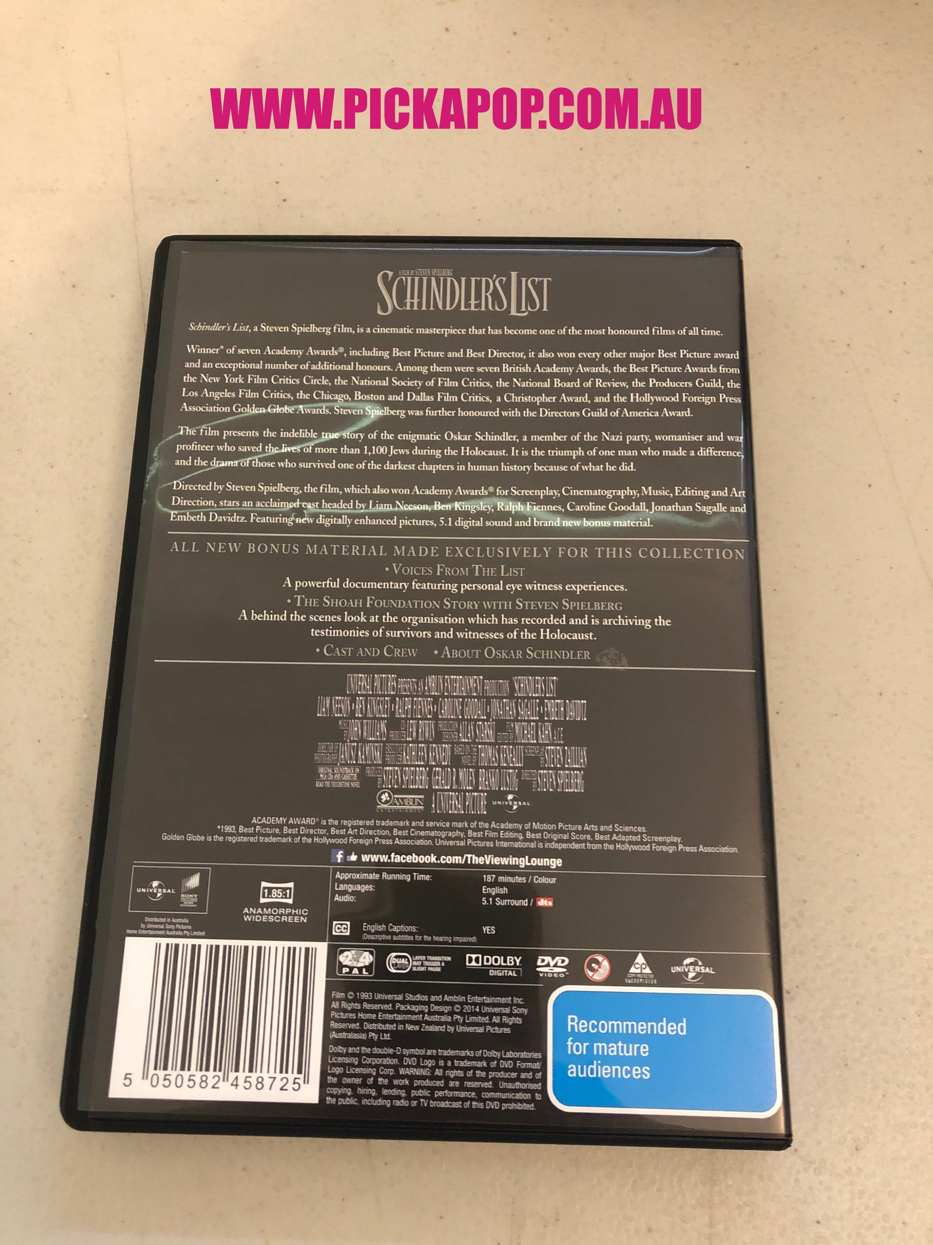 SCHINDLERS LIST - PAL Region 4 - DVD Cleaned and Tested