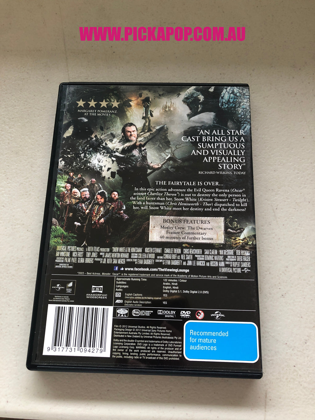 SNOW WHITE & THE HUNTSMAN - PAL Region 4 - DVD Cleaned and Tested