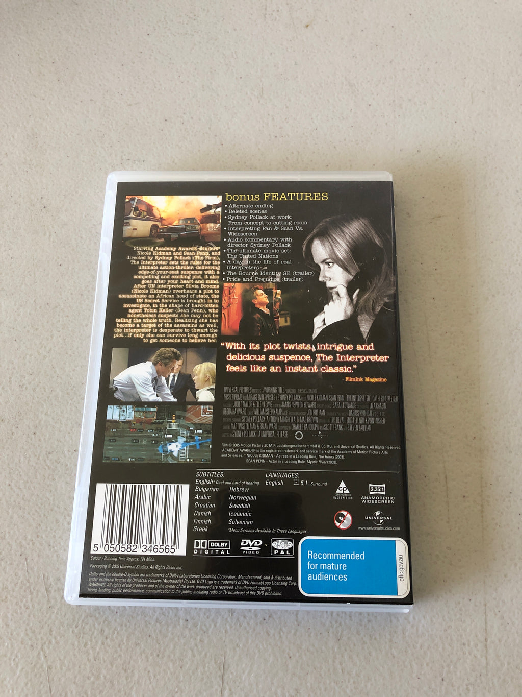 THE INTERPRETER - PAL Region 4 - DVD Cleaned and Tested