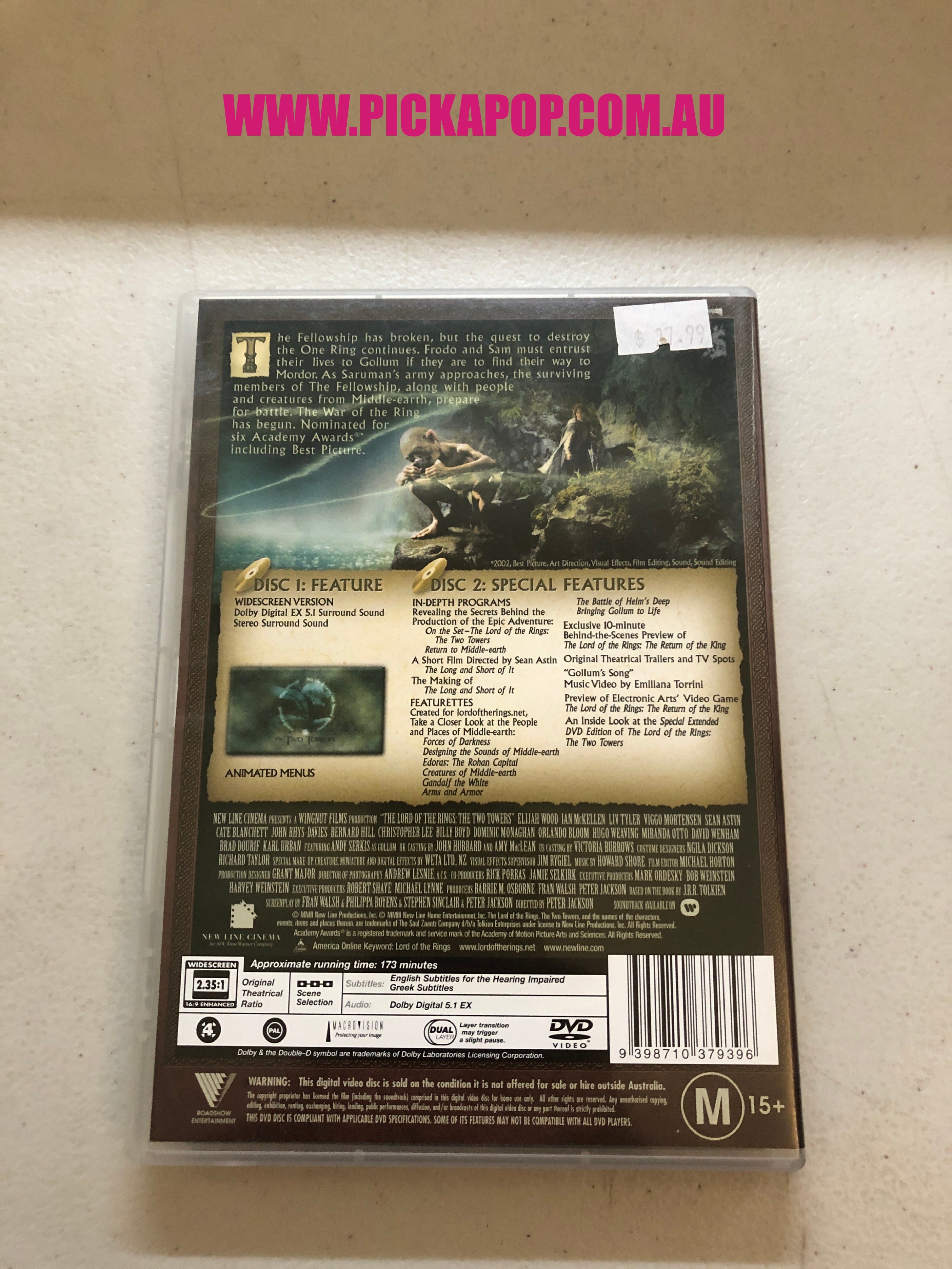 THE LORD OF THE RINGS THE TWO TOWERS - PAL Region 4 - DVD Cleaned and Tested