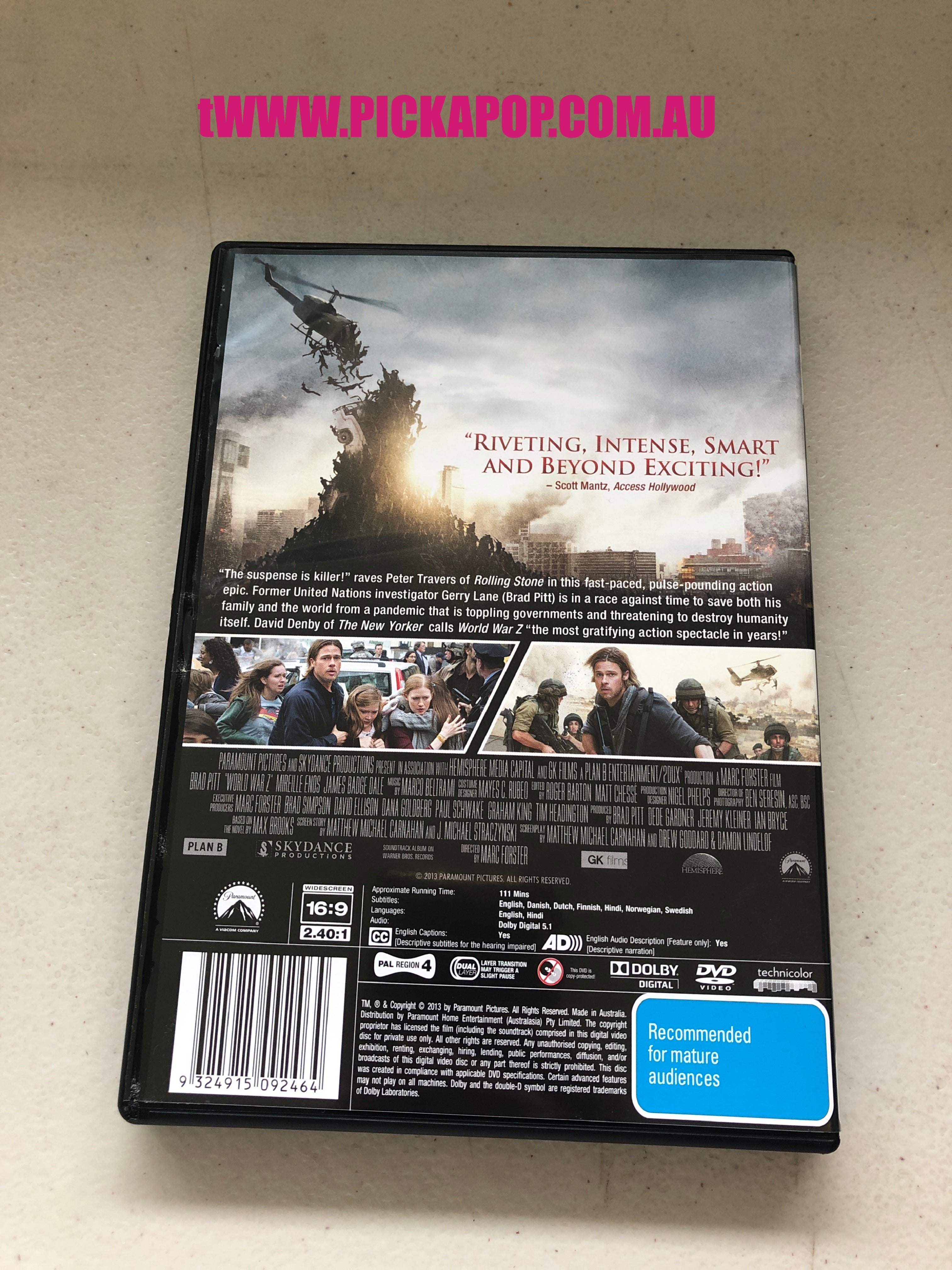 WORLD WAR Z - PAL Region 4 - DVD Cleaned and Tested